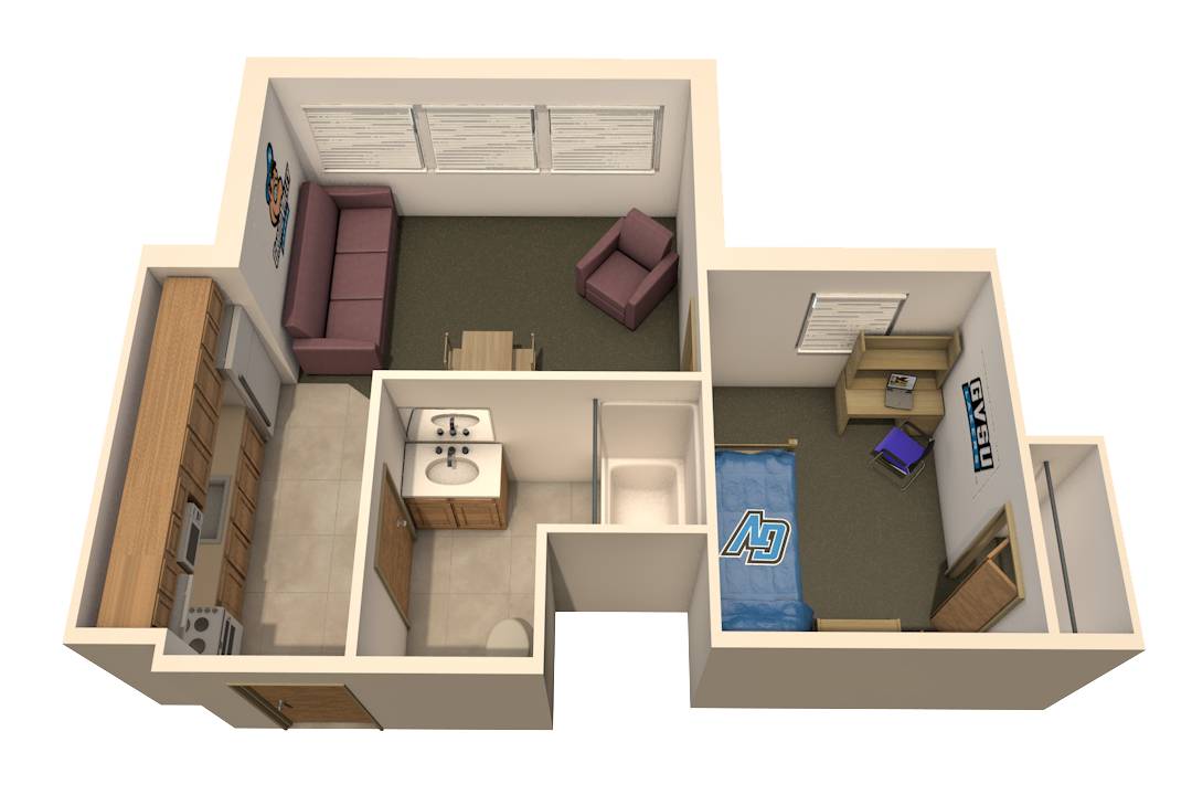 Image of a 1 bedroom 1 person apartment floor plan